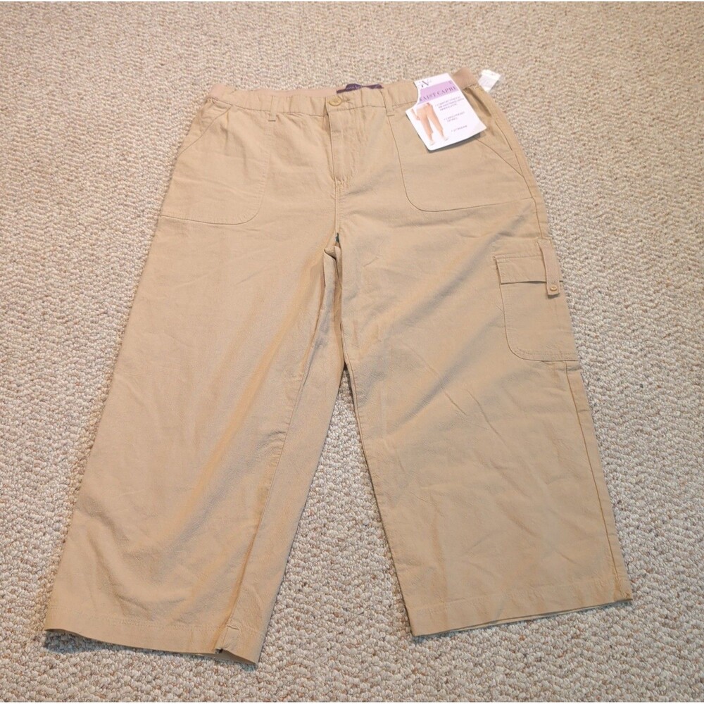 Gloria Vanderbilt Rib Waist Cargo Capri Pants Womens Large Beige Pockets Stretch